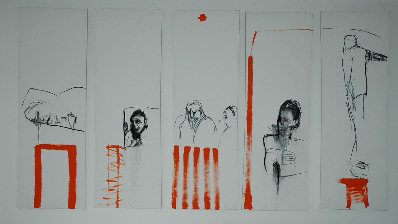 Orange, 5-teilig, je 200cmx70cm, Kohle und Acryl, 2004