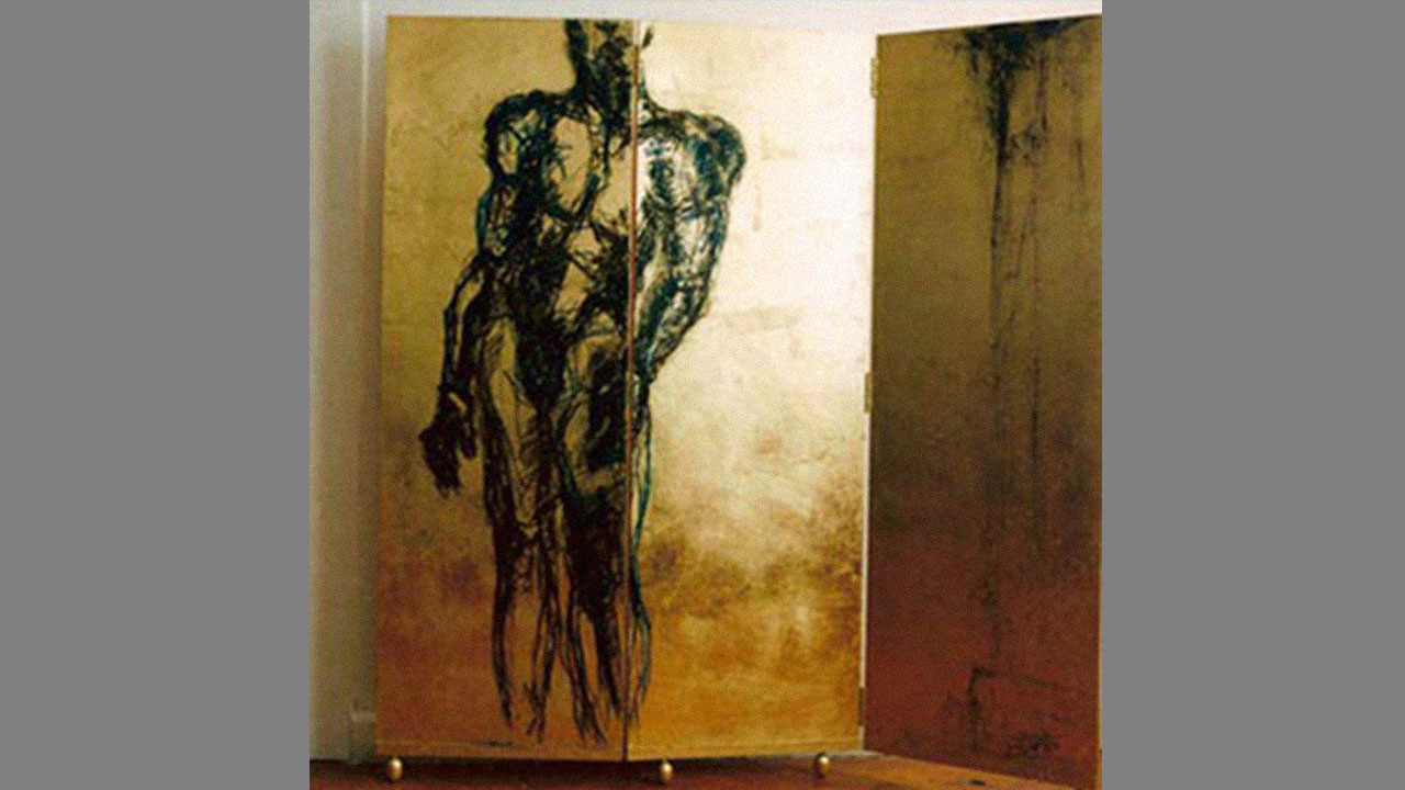 Paravent, dreiteilig, Oelkreide auf Schlagmetall, 1998
